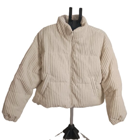 Sun Day Club Cottagecore Cream Corduroy Crop Puffer Jacket Women’s M Excellent - Picture 2 of 15
